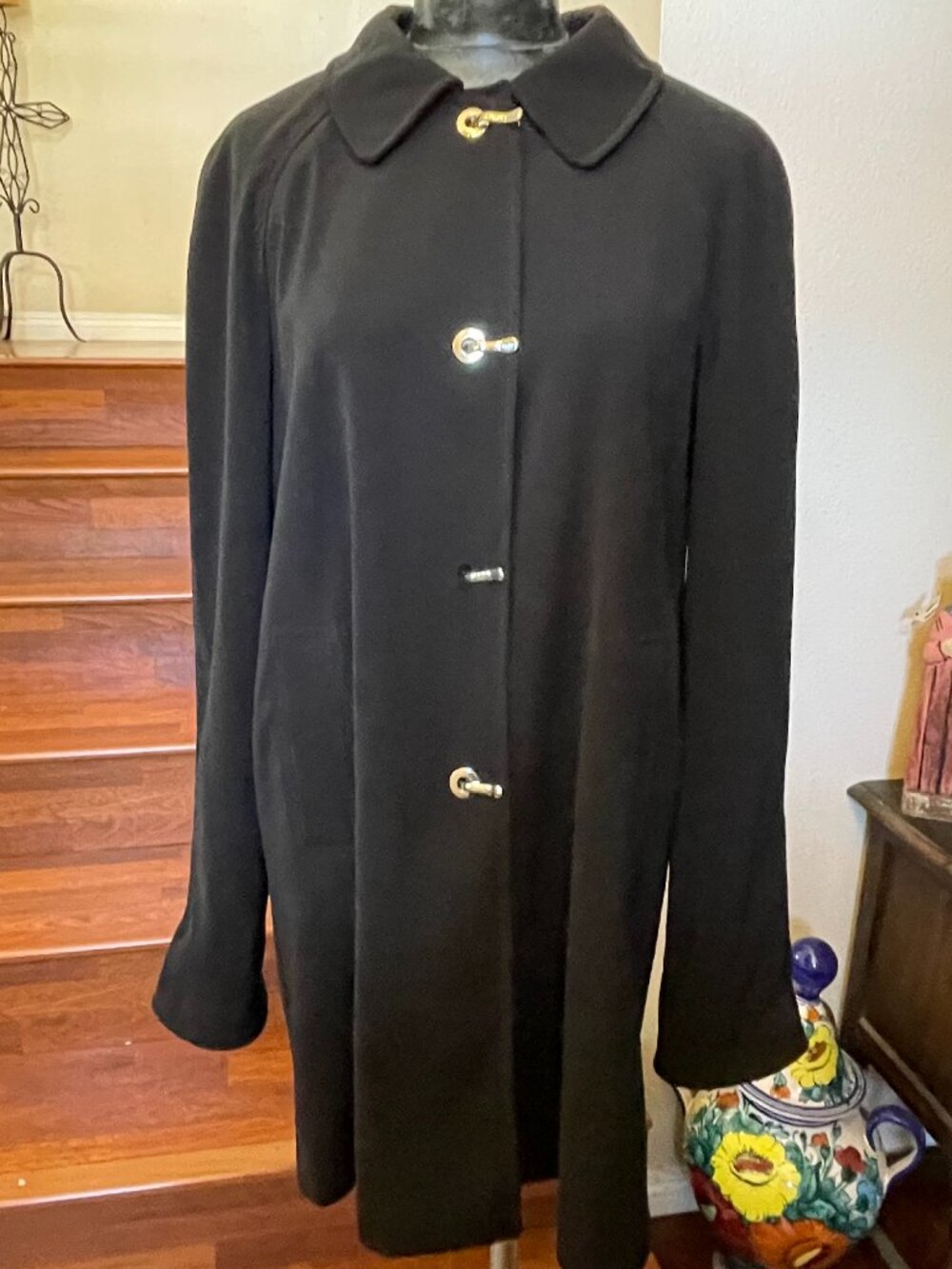 London Fog Women's Blk Lined Trench Coat Silver Toggle Clasp L Miss. 3rd Toggle